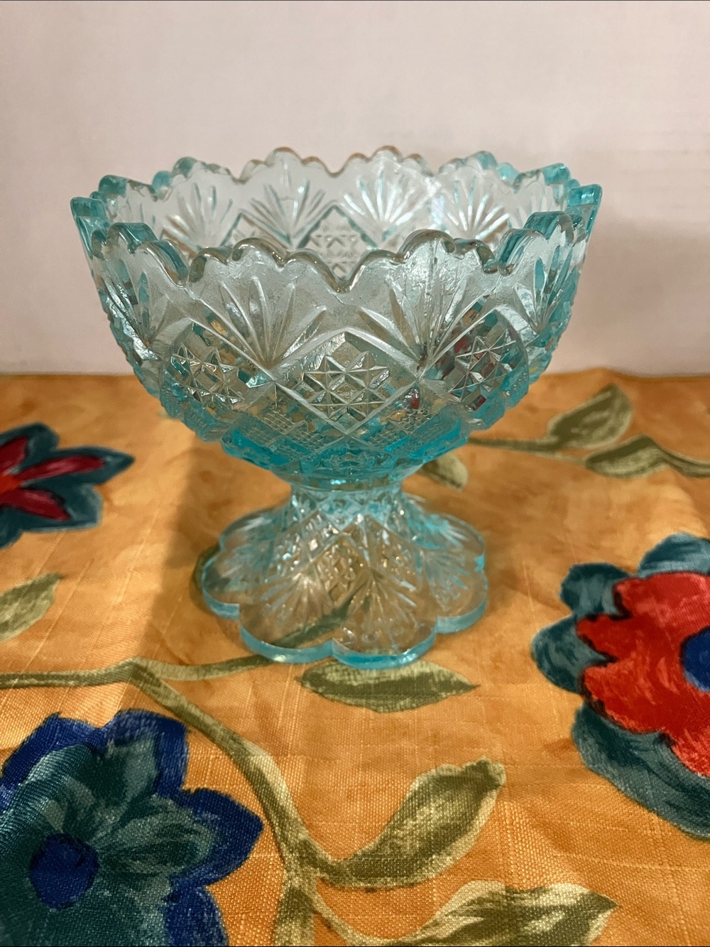 Aqua Glass Pedestal Compote Bowl - Decorative Accent Vase